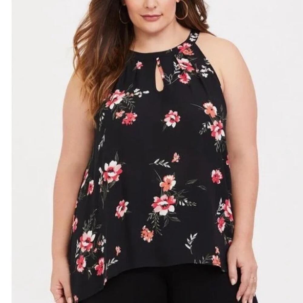 Torrid‎ Floral Black Halter Tank Top Size 4X Hi-Low Tunic Sleeveless Blouse - Picture 2 of 8